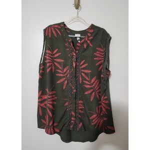 A New Day Sleeveless Forest Green Tank Top Botanical Tropical Bright Boho Sz XL